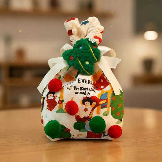 Christmas Drawstring Gift Bags 3D Fabric Wrapping Gift Bags Reusable Xmas Candy Bags with Handle