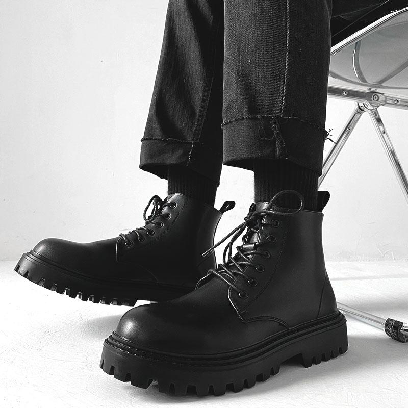 Large Size Men's Leisure Platform Boots Black Autumn Winter Shoes Cowboy Genuine Leather Ankle Boot Handsome Short Botas Zapatos