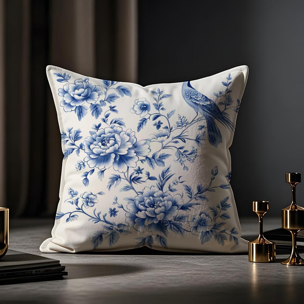 Oriental Blue And White Porcelain Cushion Cover Anti-dustmite Pillowcase Invisible Zipper Silky Short Plush Sofa Cushion Cover