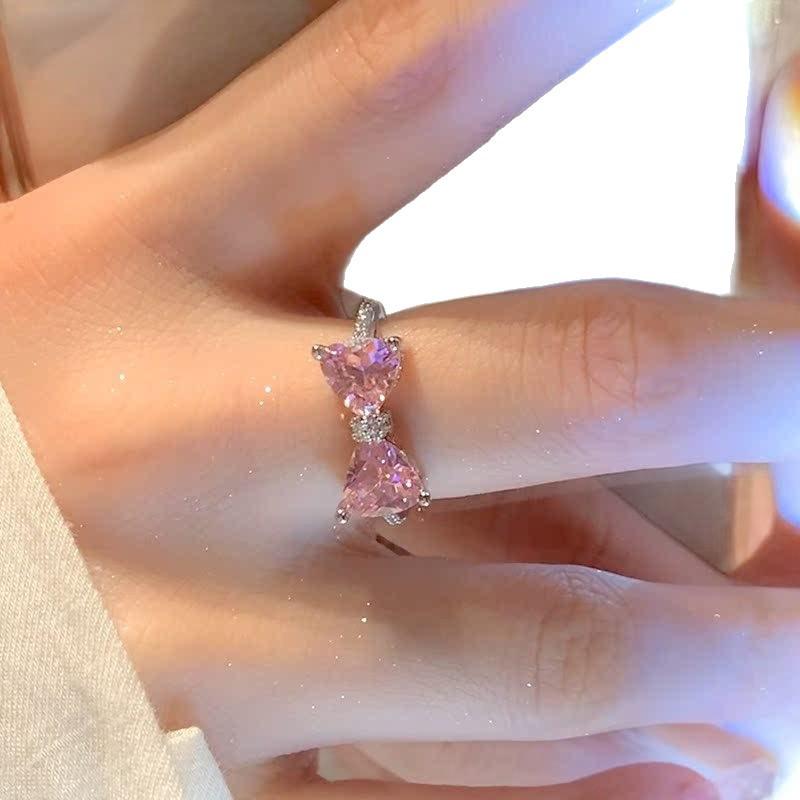 Women's S925 Silver Pink Diamond Bow Ring – Luxury Princess Band, Adjustable Open Index Finger Ring