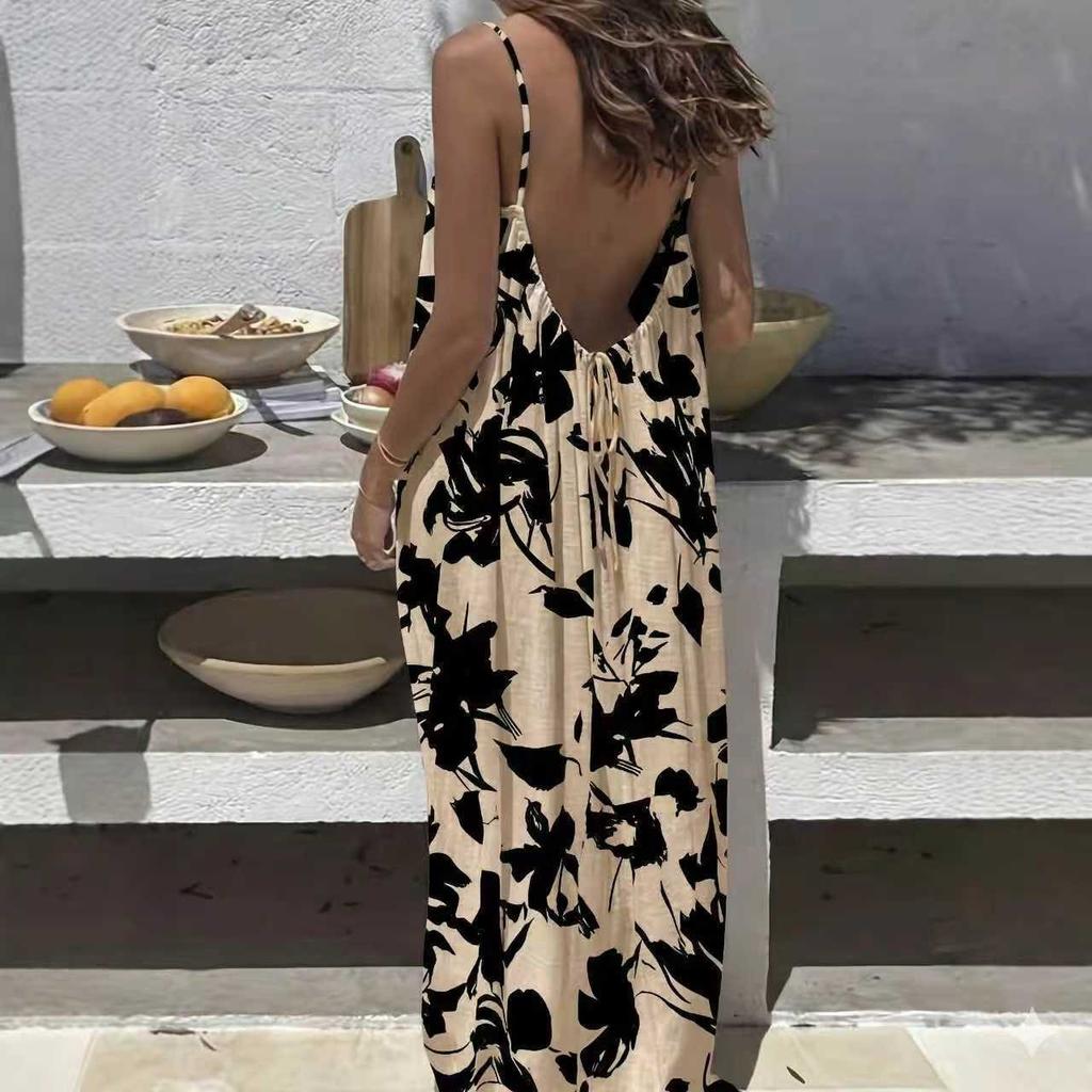 Women’s Sleeveless Backless Dress with Adjustable Straps Relaxed Fit Floral and Striped Print Casual Maxi Dress
