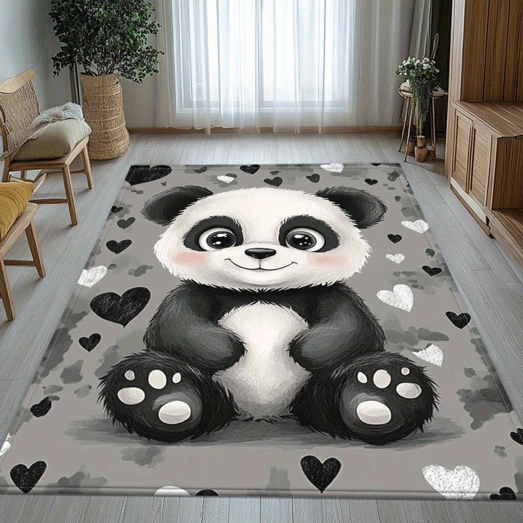 Cute Panda Heart Print Door Mat, Non-Slip Absorbent Washable Area Rug, Modern Animal Decor Carpet for Bathroom Living Room