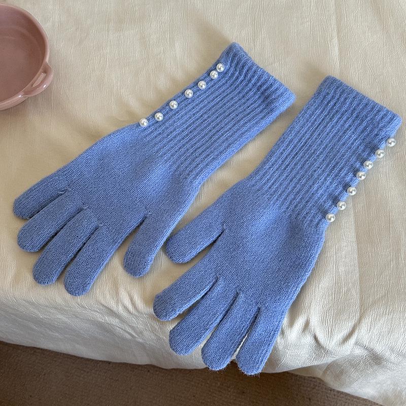 Korean Style Autumn/Winter Pearl Fingerless Touchscreen Wool Gloves for Women