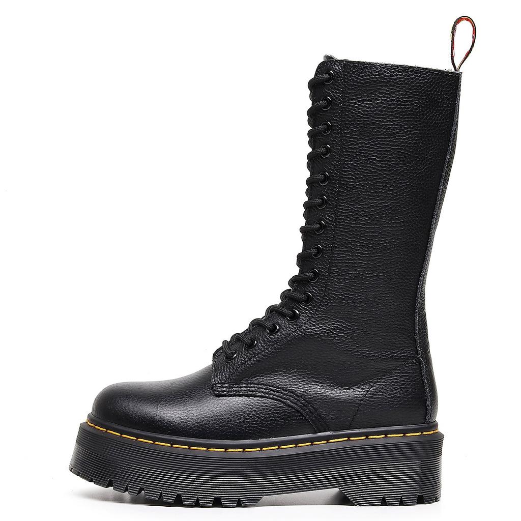 Medium and thick bottom lychee pattern locomotive boots women's hole British first layer heightening short boots men's and women's leather boots round