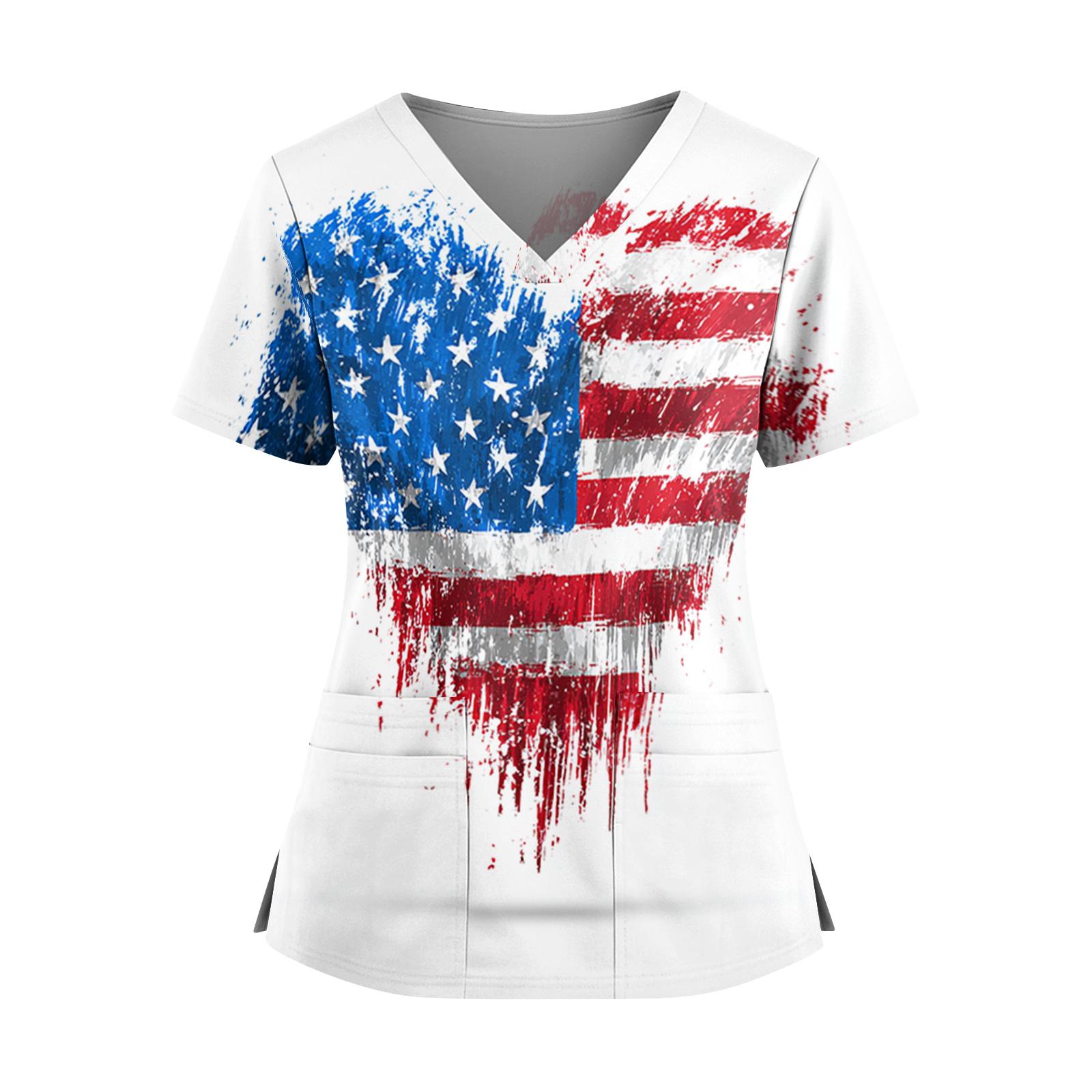 

Women s Independence Day Print V-Neck Double Pocket Short Sleeve Uniform with Slit Hem - Caregiver Top XL білий