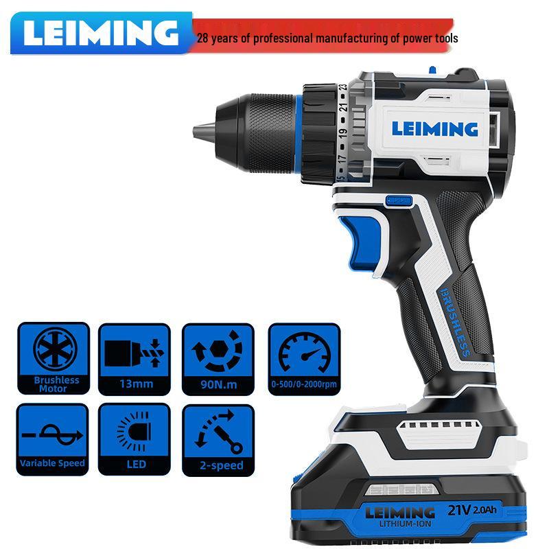 

Leiming 20V Brushless Cordless Drill, 90N.m High-Power Impact Lithium Electric Screwdriver 20V Charger