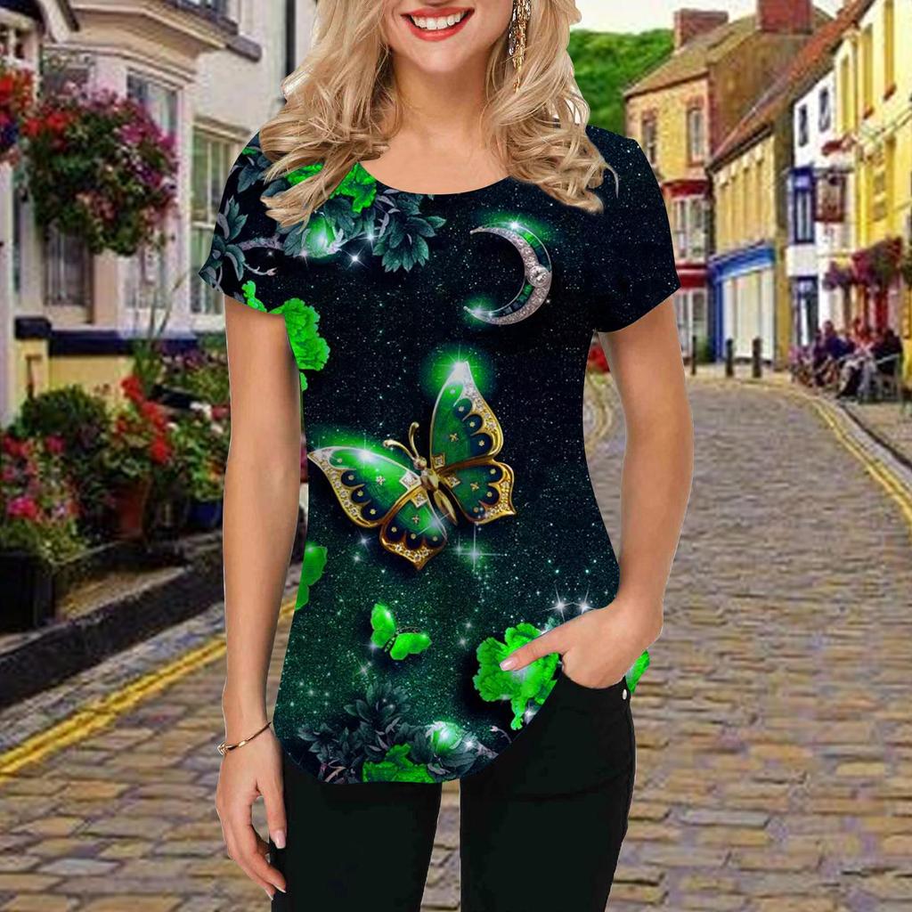 Fashion Women Moonlight Butterfly Print T Shirt Funny Casual O-neck Short Sleeves T-shirt Summer Female Tee Shirt