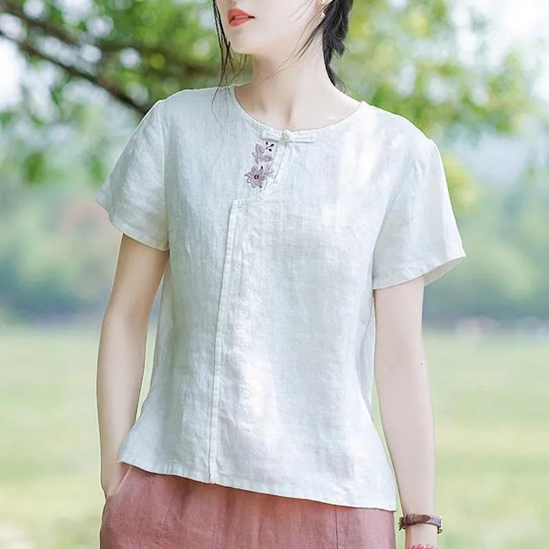 Womens Linen Blend Blouse Casual Round Neck Frog Button Floral Embroidered Short Sleeve Top M белый