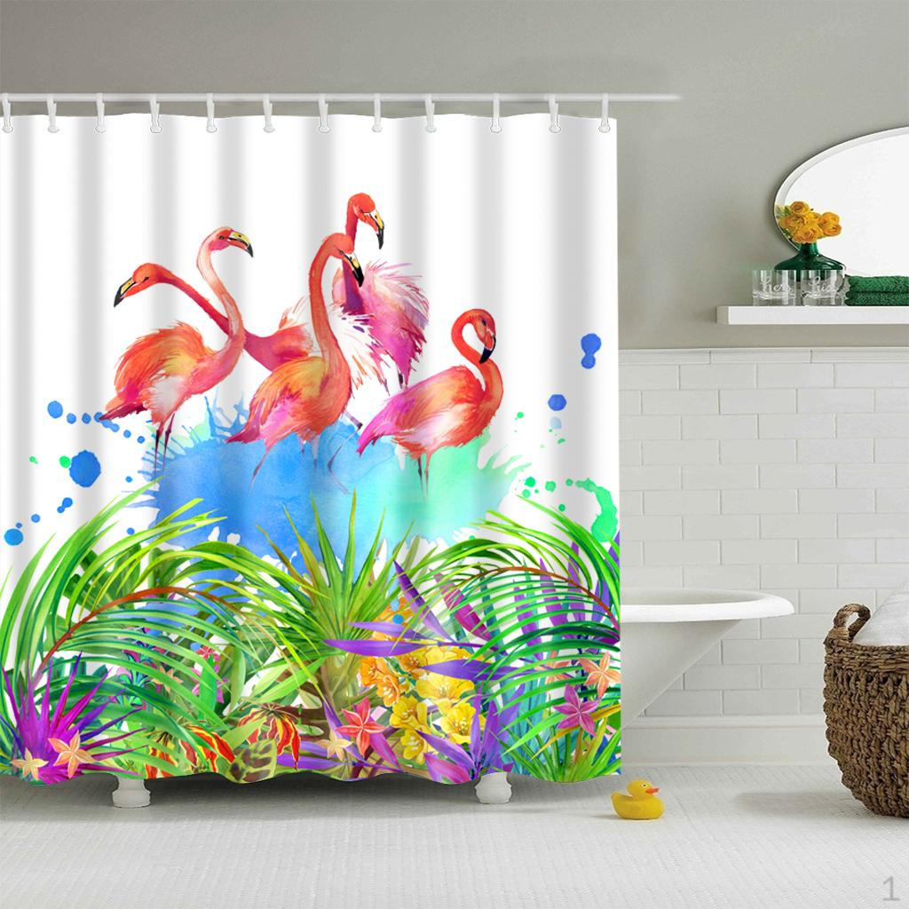 Bathroom Extra Long Fabric Flamingo Bath Shower Curtain With 12 Hooks