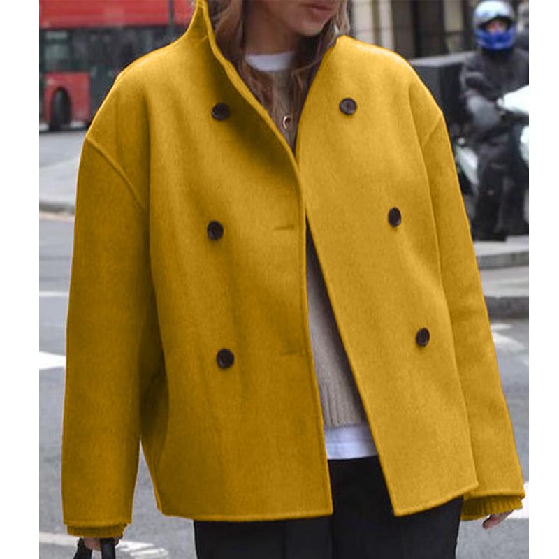 Dámský dvouřadý vlněný kabát jednobarevný ležérní elegantní britský styl všestranný top pro ženy