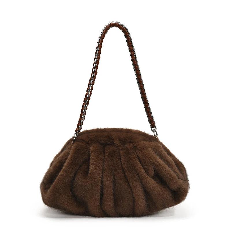 Women Faux Fur Shoulder Bag Winter Warm Soft Plush Hobo Bag Large Capacity Purse Fluffy Dumpling Pouch Underarm Chain Bag