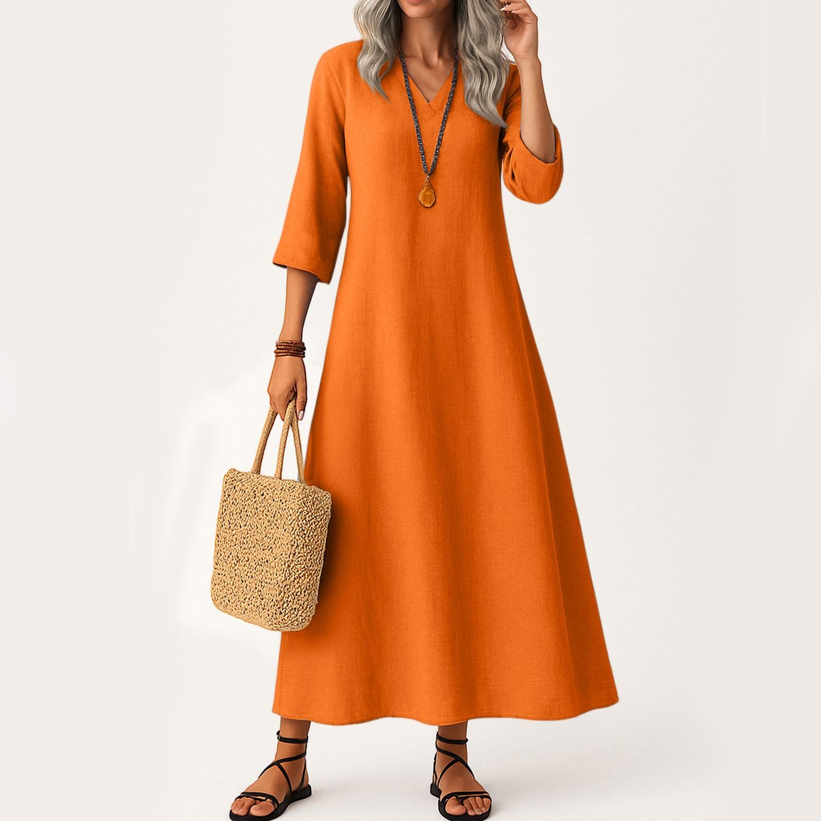 

Платье для женщин длинное бохо пляжное платье элегантное макси-платье V-образный вырез рукав 3/4 S оранжевый