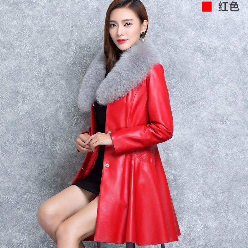 

Кожаная куртка Haining мех женская средней длины с воротником из искусственного лисьего меха с хлопковой подкладкой приталенное тонкое кожаное пальто тренд 4XL красный