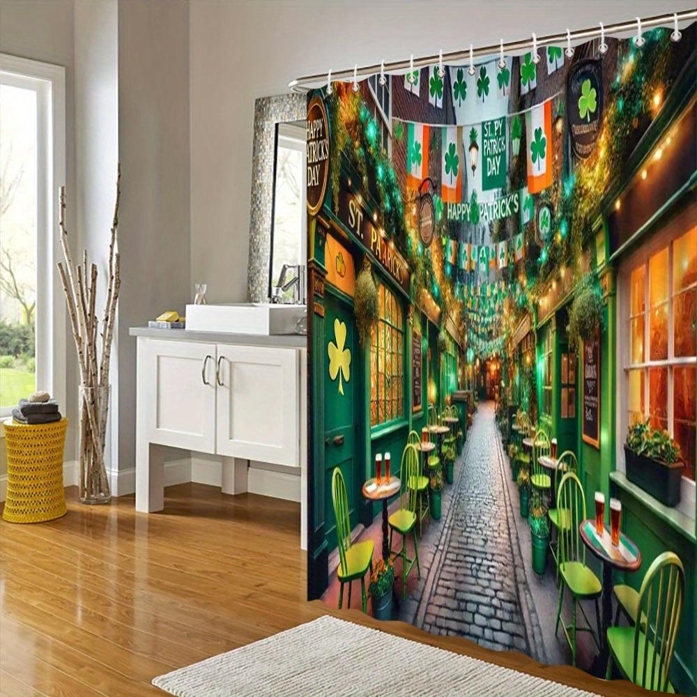 Irish Pub Shower Curtain - Cobblestone Street, Green & White Flags, Colorful Lights, Charming Pubs, Shamrock Designs,