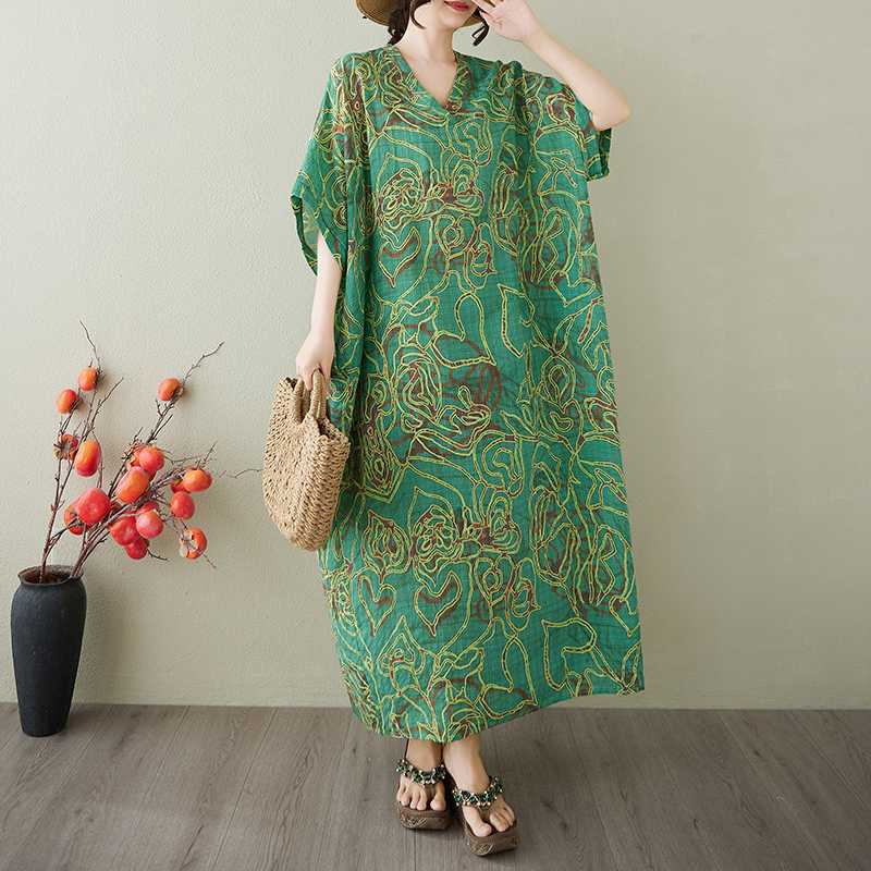 Vestido Largo Vintage para Mujer con Estampados de Algodón y Lino