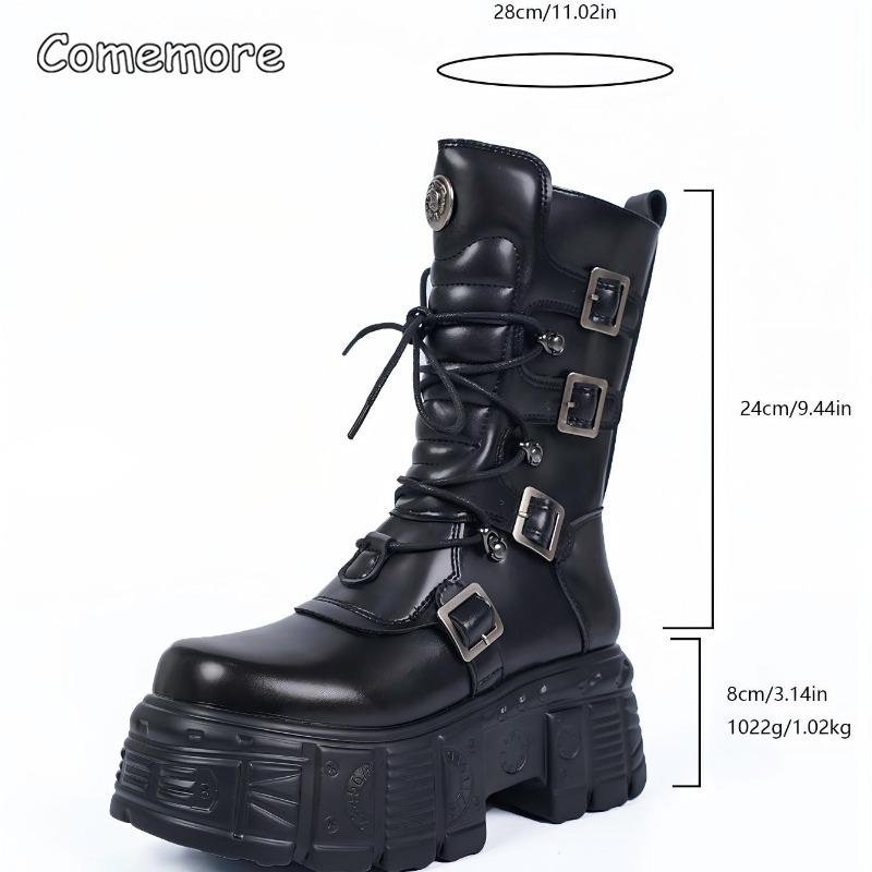 

Black Punk Platform Lace-Up Mid-Calf Boots Gothic Women s Side Zipper Motorcycle Boots Street Style Thick Bottom Buckles Botas 36 чёрный