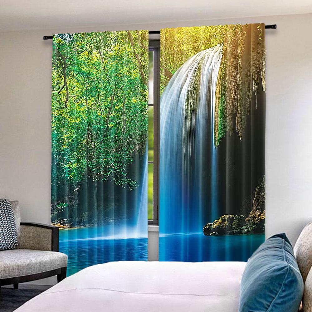 2Pcs Woodland Shower Curtain A Waterfall In Asia Thailand Jungle Of Tropic Plants And Trees Tourist Attraction Living Room