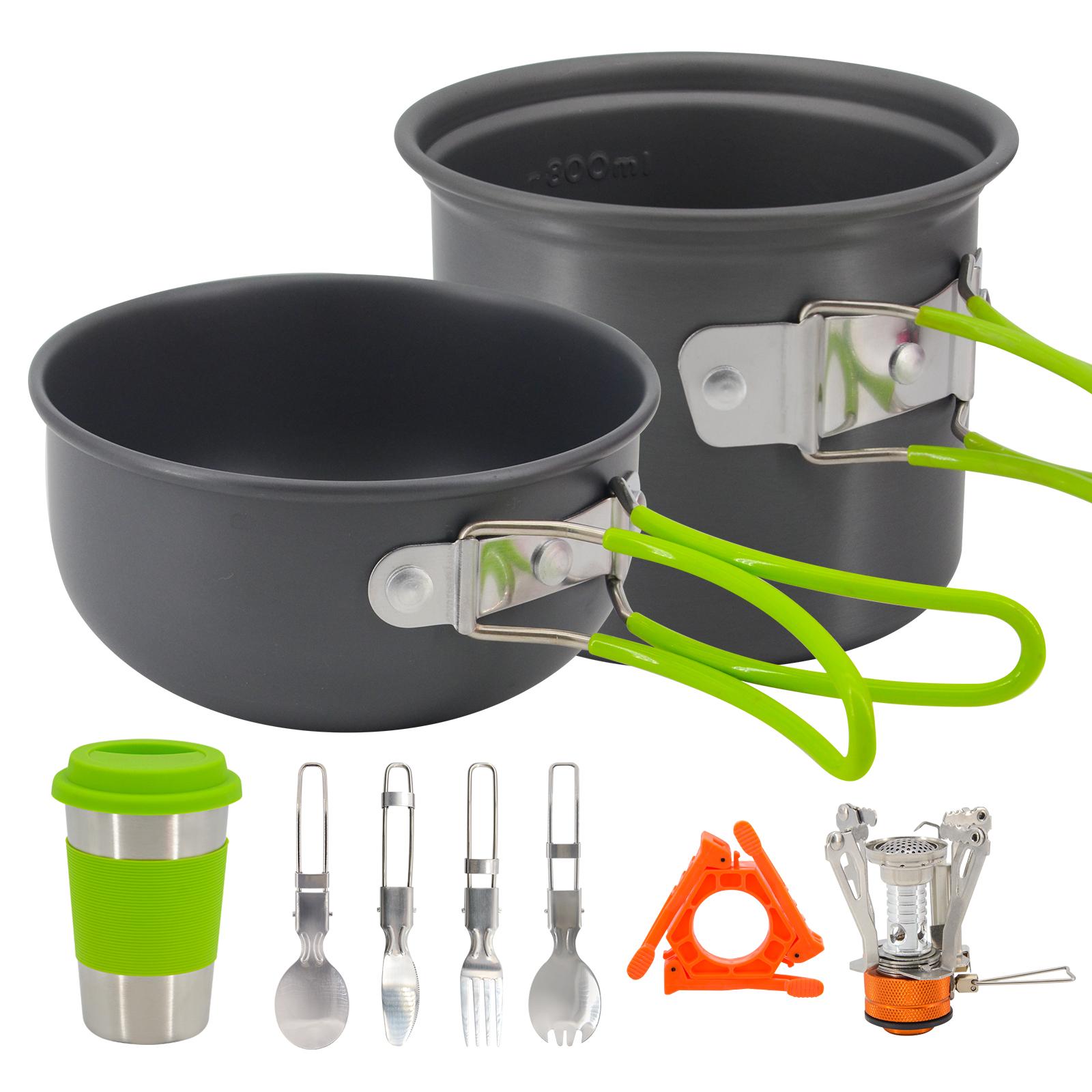 1-2 Person Outdoor Folding Kitchen Utensil Set Camping Pot Portable Camping Cookware Kit for Picnic зелёный