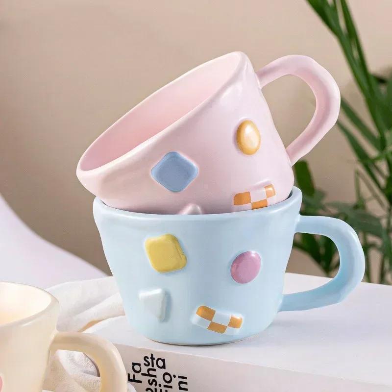 1Pcs 400ML Cute Multi-color Macaron Color Coffee Mug Ceramic Cup Cute Dopamine Three-dimensional Dots Water Cup Attachment