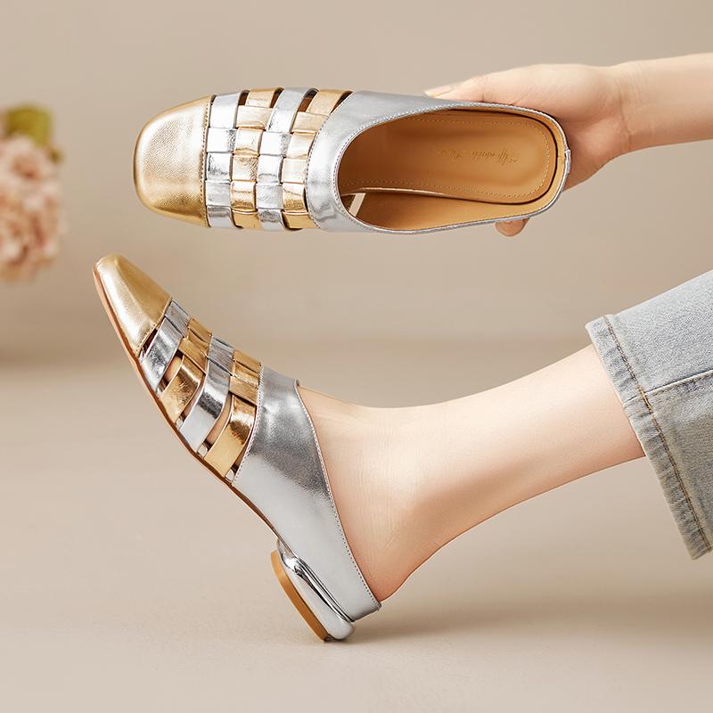 Mode 2025 Neue Mode Eckige Zehenpartie Niedriger Absatz Damen Sandale Frühling Sommer Büro Dame Party Echte Lederschuhe Frau Mueller Slipper