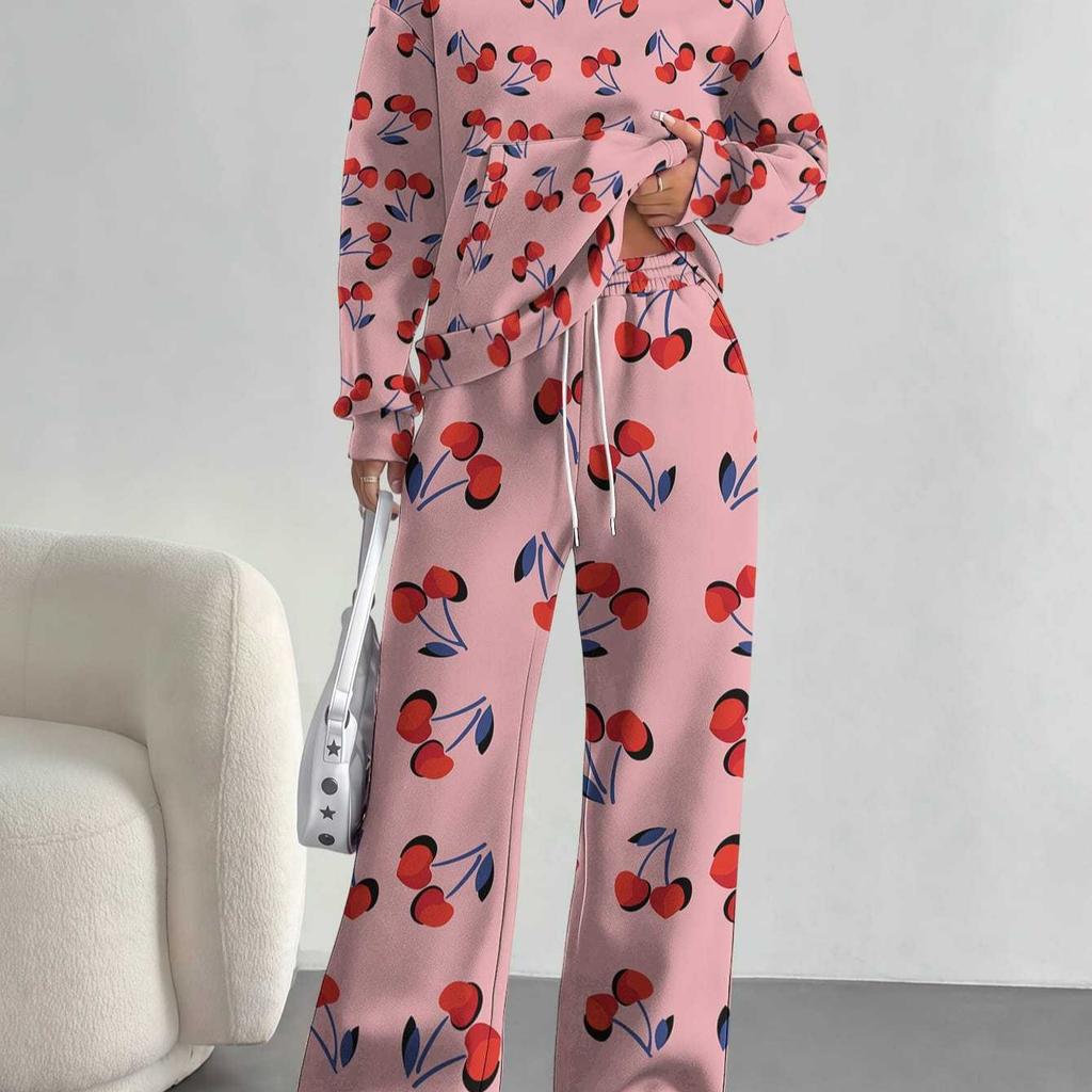 Pink Cherry Print European and American Autumn and Winter Casual Long-sleeved Suit Women's Hooded Sweater Trousers Two-piece Set