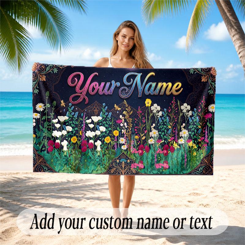Floral Garden Theme Soft Beach Towel Personalized Custom Name Text Towel Portable for Beach Pool Travel