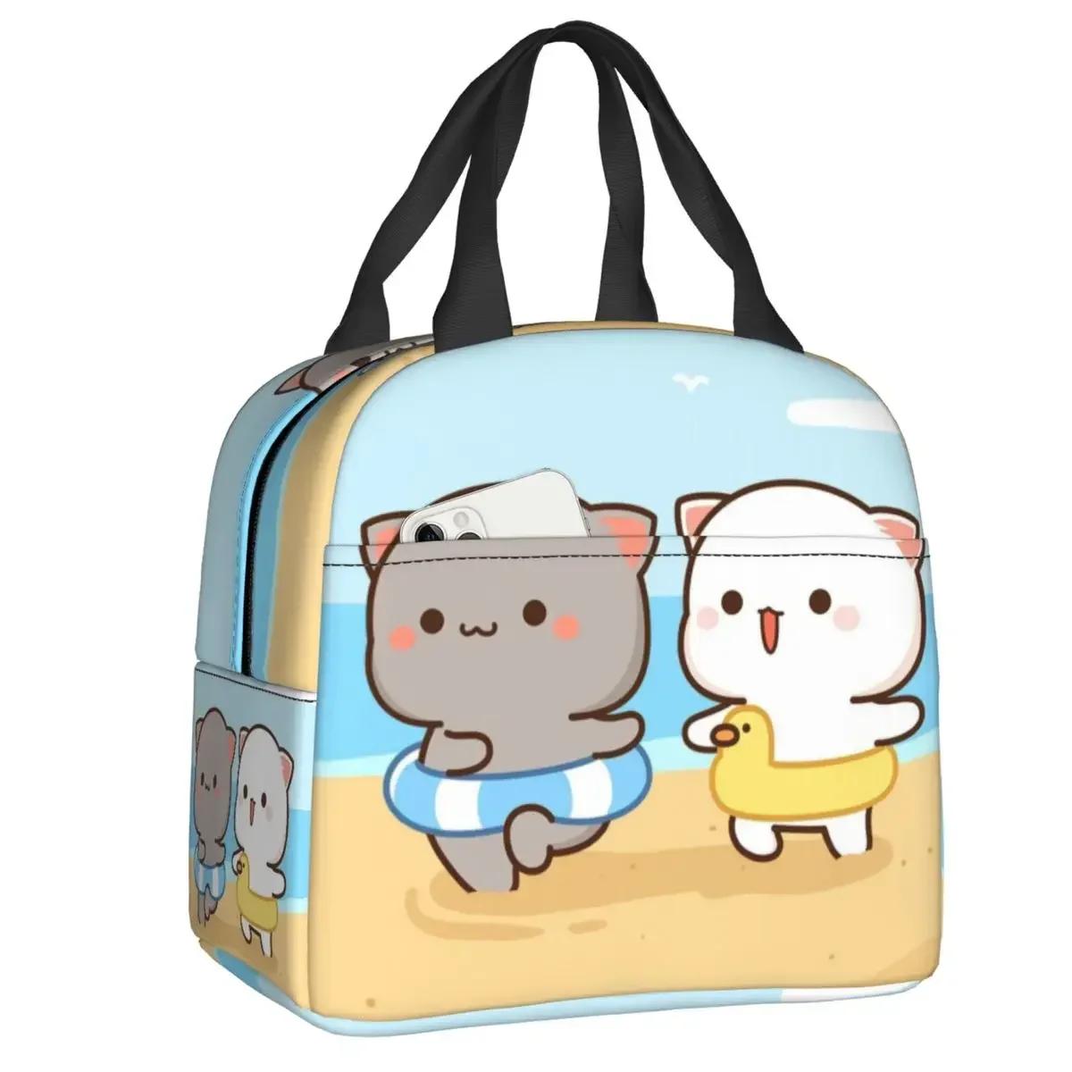 Cartoon Mochi Katze Peach und Goma Lunchtasche Damen Thermokühltasche Isolierte Lunchbox für Arbeit Büro Reise Picknick Essenstaschen 22x20x13CM