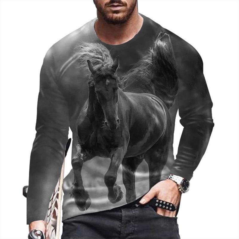 Spring and Autumn Round Neck Horse 3D Printed Top Fashionable Casual Long Sleeved Men's T-shirts