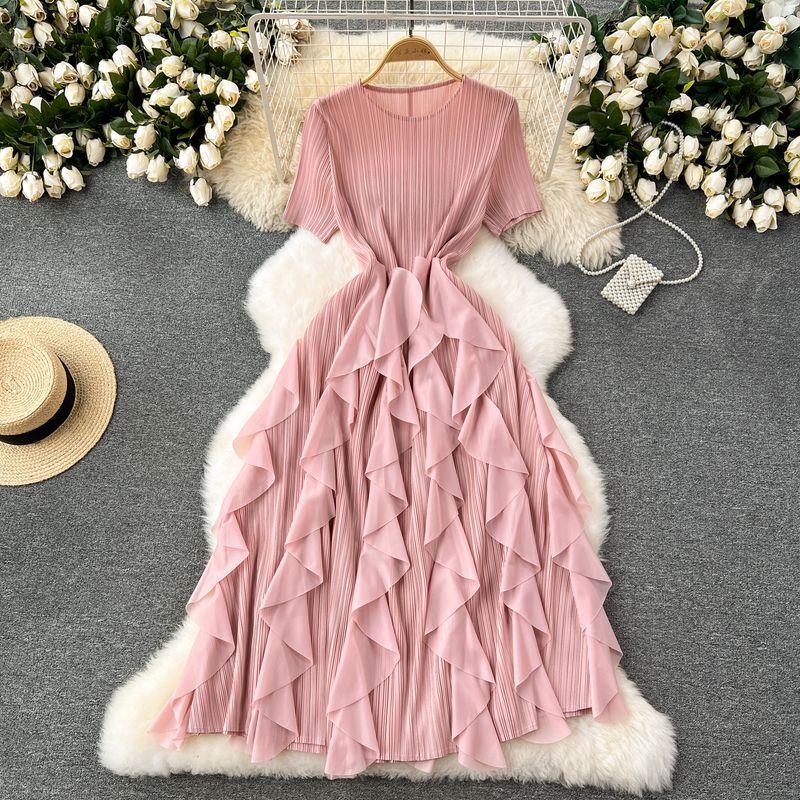 

Accessible Luxury Socialite Style Women s Summer Pleated Short Sleeves Dress Pink One size