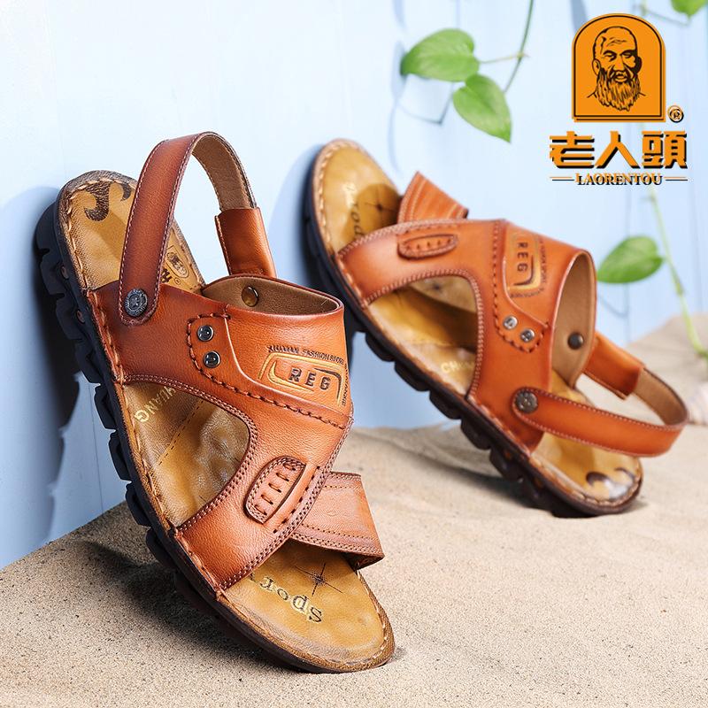 Old man head sandals men's 2025 summer new first-layer cowhide casual beach shoes genuine leather thick-soled non-slip cool slippers