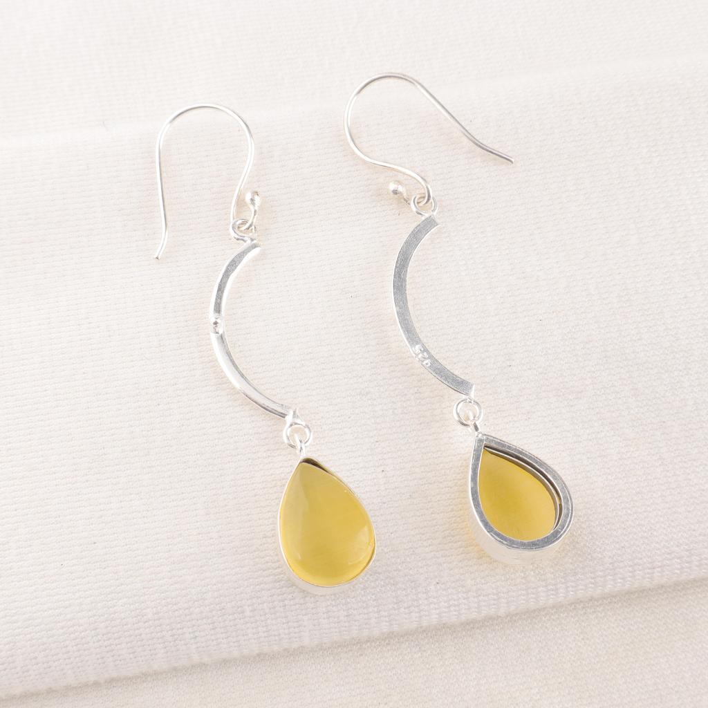 Žluté náušnice Kočičí oko Ručně vyráběné šperky z drahých kamenů, Náušnice z masivního sterlingového stříbra 925, Šperky s jedinečným designem