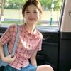 Summer new sweet style bow pink plaid short-sleeved shirt women's design sense slim and thin versatile top