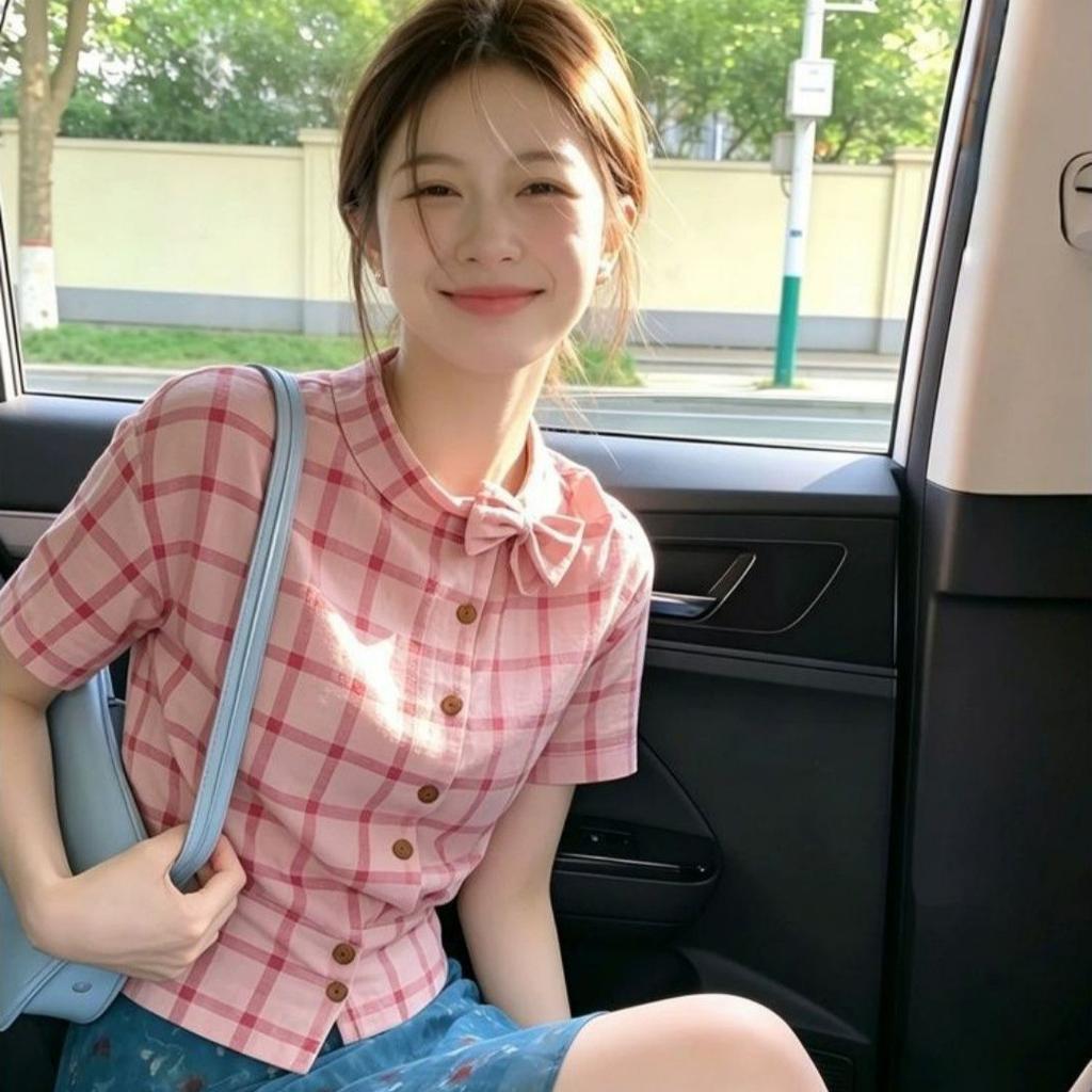 Summer new sweet style bow pink plaid short-sleeved shirt women's design sense slim and thin versatile top