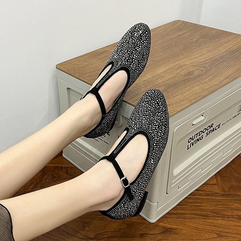 

Модные сверкающие туфли-балетки с бриллиантами, женские туфли Мэри Джейн с Т-образным ремешком на щиколотке, дизайнерские балетки с вырезами, женские хрустальные лоферы для босой ноги 35 чёрный