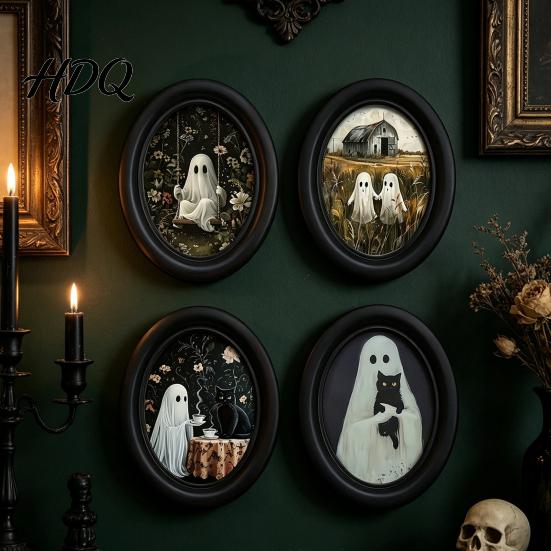 Soft Dark Tone Art Halloween Ghost Wall Art Cute Table Sign Vintage Oval Framed Academia Decor Picture Decorative for Mantel Living Room