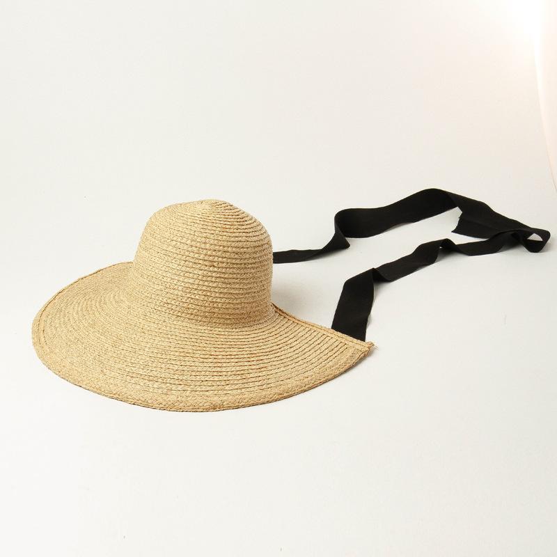 

100% Raffia Summer Protection Loli Hat Ins Designer Female Big Wide Brim Straw Hat Outdoor Beach Travel Sun Hat with Chin Strap 56-58cm