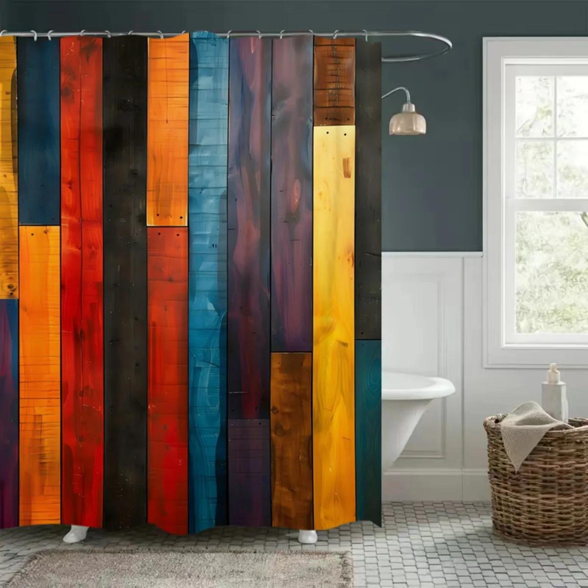 

A Set of Vibrant Wooden Plank Patterned Shower Curtains for Spring, Made from Digitally Printed Polyester, Designed As Non-Perfo W90xH180cm