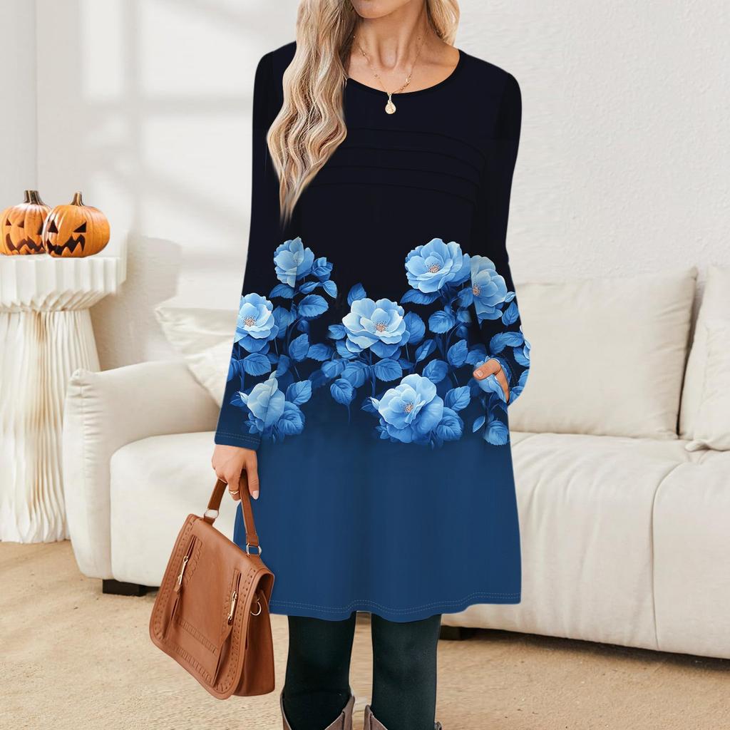 Women's Casual Fashion Long Sleeve Graphic Printed Vintage Dresses With Pockets
