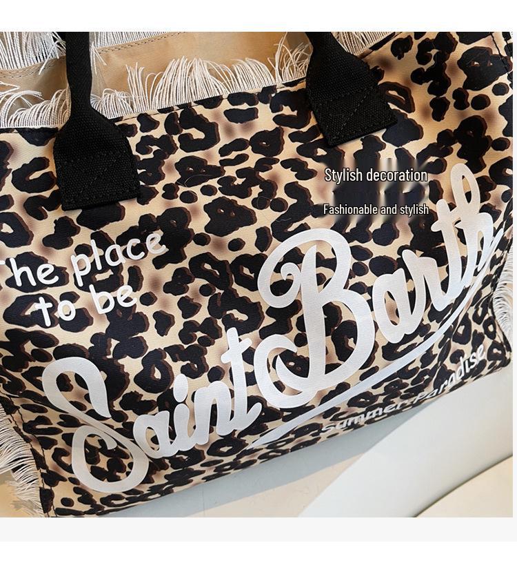 Saint Barth Damen Tragetasche aus Canvas mit Leopardenmuster und Quasten, großes Fassungsvermögen