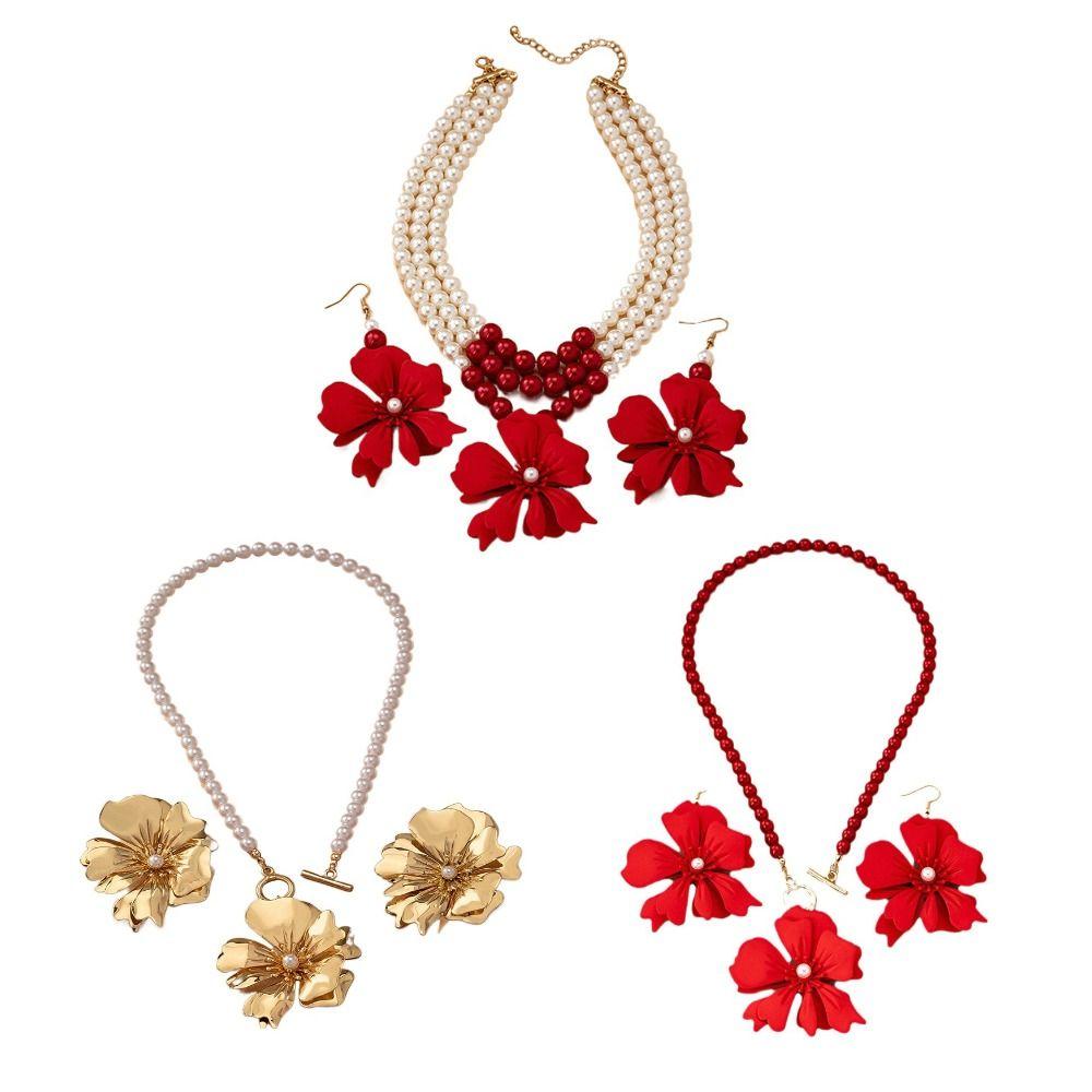 Light Luxury Flower Necklace Earrings Pearl Beaded Women's Necklace Suit  Banquet