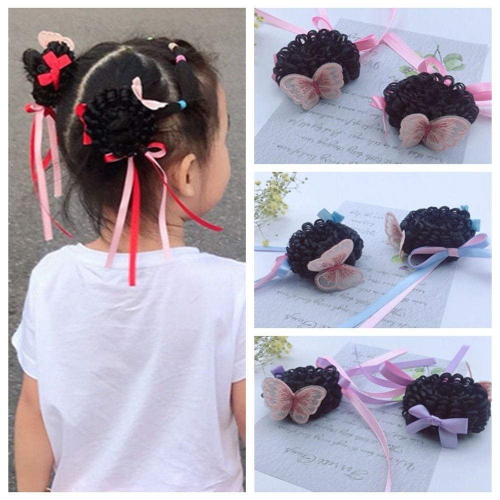 

2pcs Butterfly Children Hair Bun Chinese Style Baby Hair Wig Hanfu Headdress Wig Girls розовый