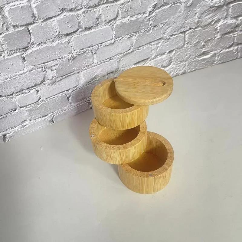 2026 Bamboo Salt Jar Kitchen Seasoning Bottle Kitchen Convenience Tools Circular Bamboo Seasoning Box Spice Rack