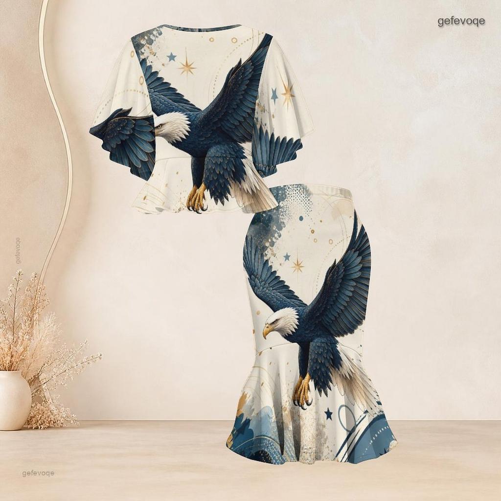 Women Plus Size Two Piece Skirt Set Round Neck Batwing Sleeve Galaxy Printed Ruffle Hem Top Fishtail Skirt