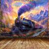 Christmas Train Station Tapestry Wall Hanging Steam Locomotive Snowy Tree Night Aesthetic Wall Art Bedroom Decor