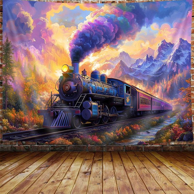 Christmas Train Station Tapestry Wall Hanging Steam Locomotive Snowy Tree Night Aesthetic Wall Art Bedroom Decor