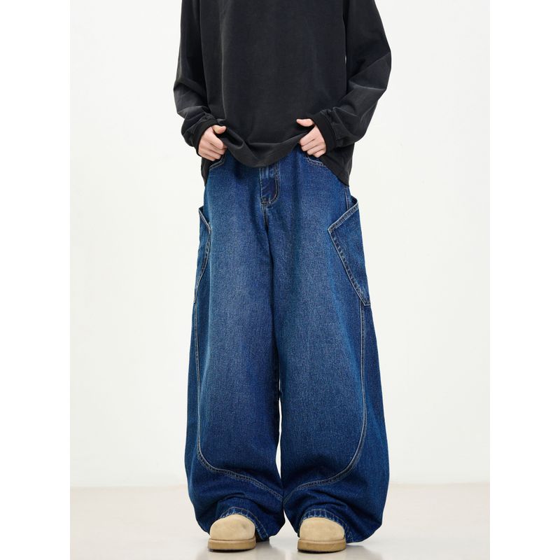 Kisko American Retro Washed Large Pocket Scimitar Design Jeans Unisex High Street Straight Wide-Leg Floor-Length Pants