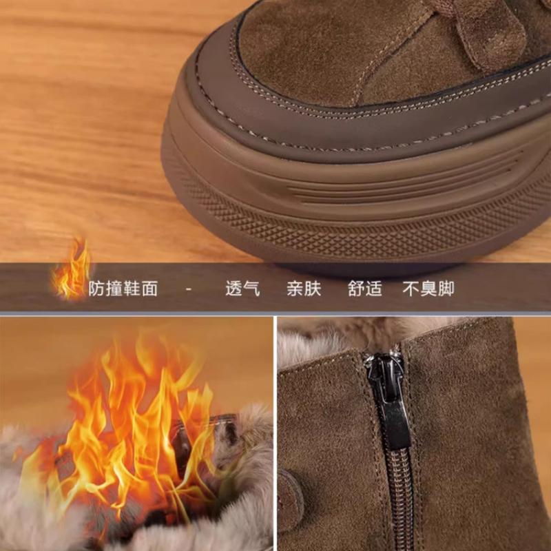 Fashion British Style Winter Nubuck Snow Boots Women's Thick Sole Plush Fur Warm Shoes Round Head Cross-tied Short Ankle Booties