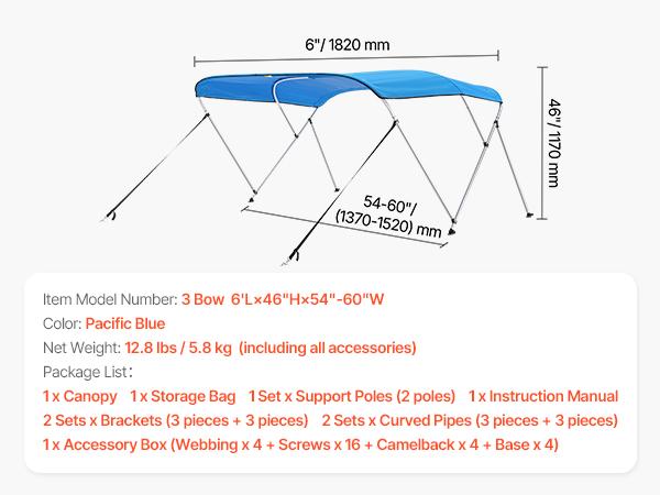 SucceBuy 3 Bow Boat Bimini Tops 600D Polyester Canopy with Aluminum Alloy Frame Waterproof Sun Shade Awning Canopy Fit for Boat