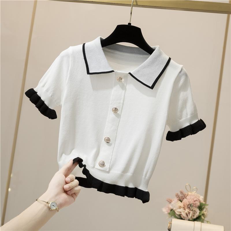 VAYLA Button Short Tops Tees Patchwork Y2k Shirt Clothing Women Pullovers Jumper Striped Sweater Fungus Blouse For Girls