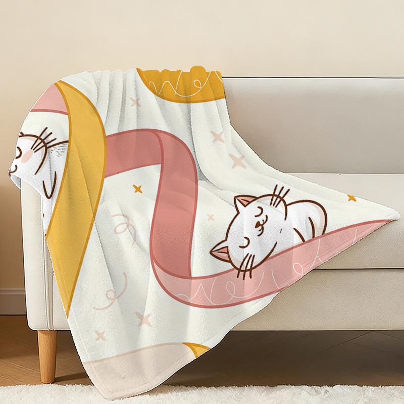 Soft Cozy Cartoon Cat Flannel Blanket | Non-Pilling All-Season Warm Throw for Postpartum Moms, Home & Holiday Decor